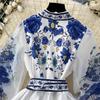 Vestido de Fiesta Boho para Mujer Impresión Floral Preciosa Gasa Manga de Farol Cierre de Cordones Cruzado Cuello en V Empalme de Banda de Satén
