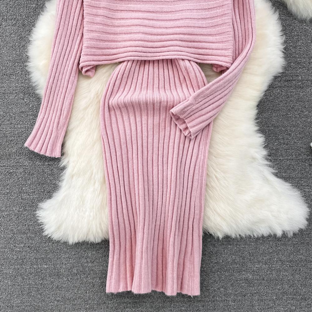 Lazy Style Dlouhý rukáv Kulatý výstřih Volný úpletový top + Dvoudílná souprava vesty s výstřihem do V