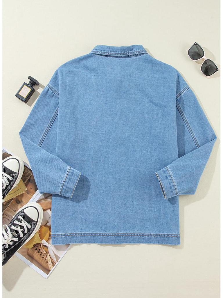 European & American Style Women's Denim Jacket with Large Pockets and Button Long Sleeves