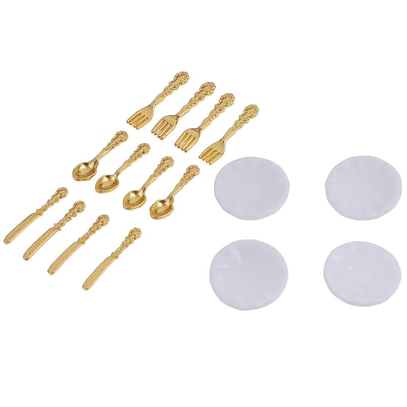 12Pcs/Set Vintage Dollhouse Miniatures Tableware Ceramic Plate Knife Fork Spoon