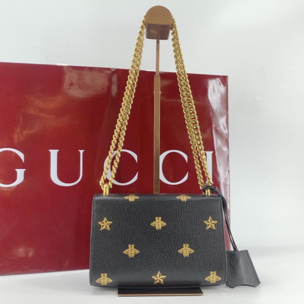 GUCCI Bee & Star Shoulder Bag Crossbody Chain Strap Gold Hardware Leather 432182 Padlock Black Women's