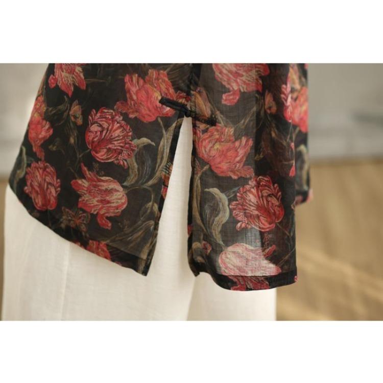 New Summer Linen Tops Women Plus Size Floral Printing Loose Vintage Long Shirts Tees