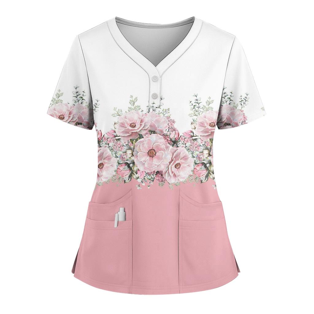 Dames Løs Kortarmet Mote Blomster- og Plante trykk V-hals Kneppbar Sideslisse Topp T-skjorte