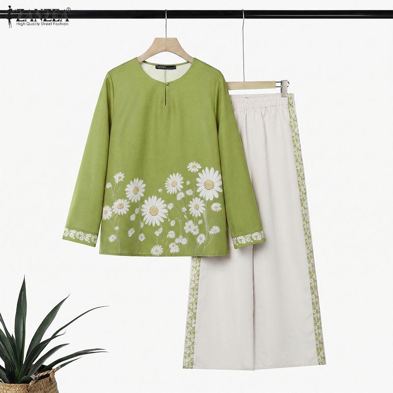 ZANZEA Women Long Sleeve Floral Blouse and Long Pants Casual Two Piece Suit Sets