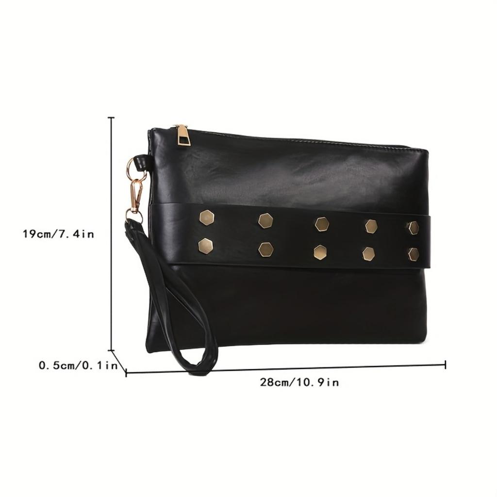 1 Stück Damen-Clutch, einfarbige Umschlaghandtasche mit Nieteneinlage, Reißverschluss, gefüttert, geeignet für Arbeit, Pendeln, Verabredungen, Partys
