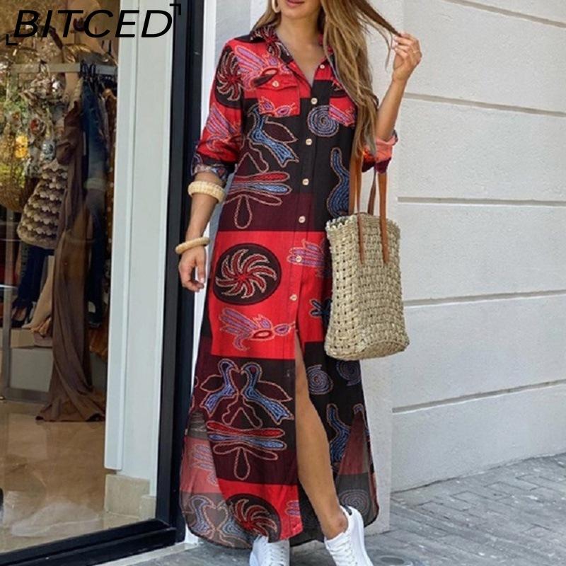 BITCED Women's Spring/Autumn Fashion: Sensual Single-Breasted Button-Down Shirt Dress Loose-Fitting Polo Neck Dress