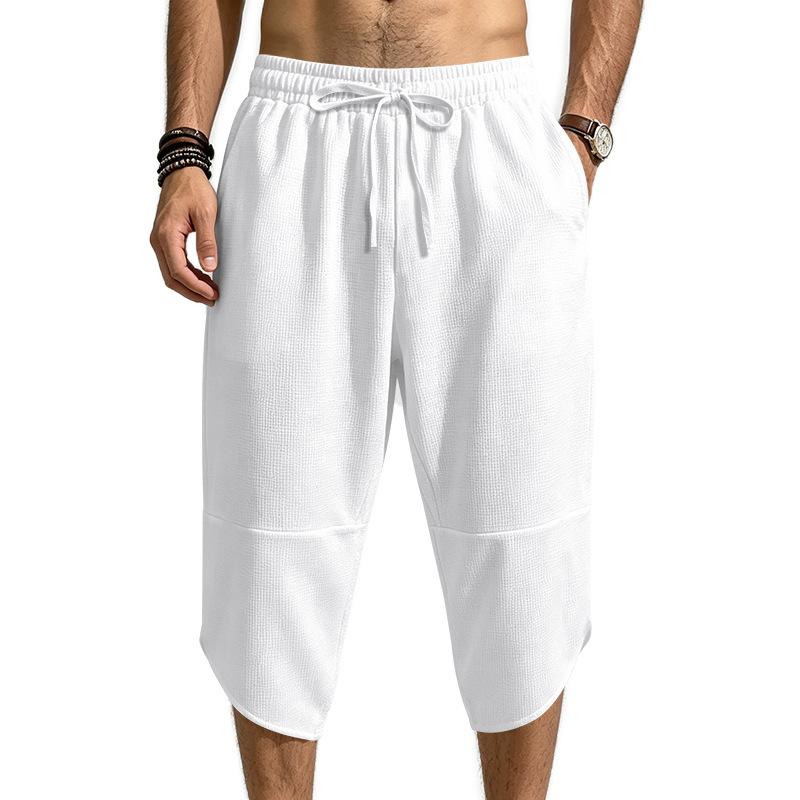 Mens Summer Beach Casual Waffle Knit Loose 3 4 Shorts