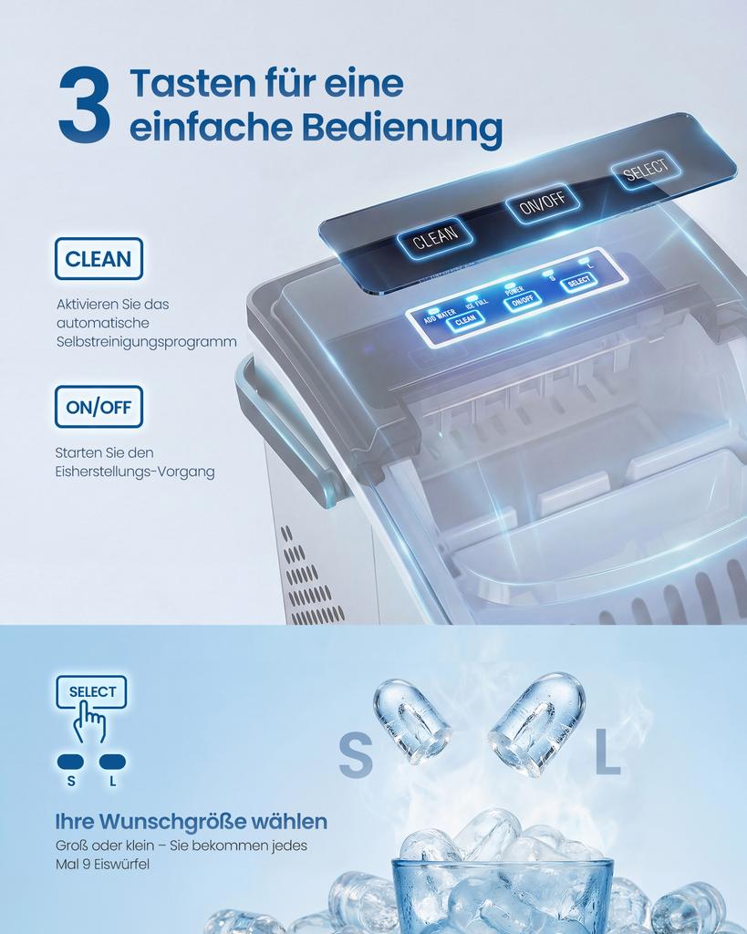 SONGMICS Ice Machine, Self-Cleaning Cube Machine, 9 Cubes in 6 Minutes in 2 Sizes, 12 kg in 24 Hours, Portable, Home, Kitchen, Office, Parties