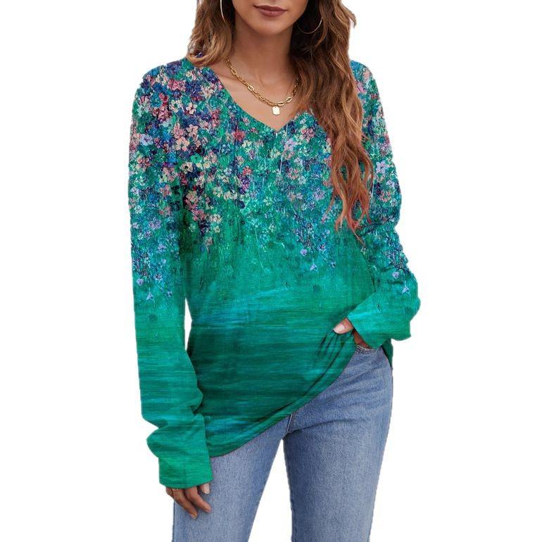 Europe, America wish Amazon independent station autumn and winter new V-neck printing long-sleeved women's T-shirt top