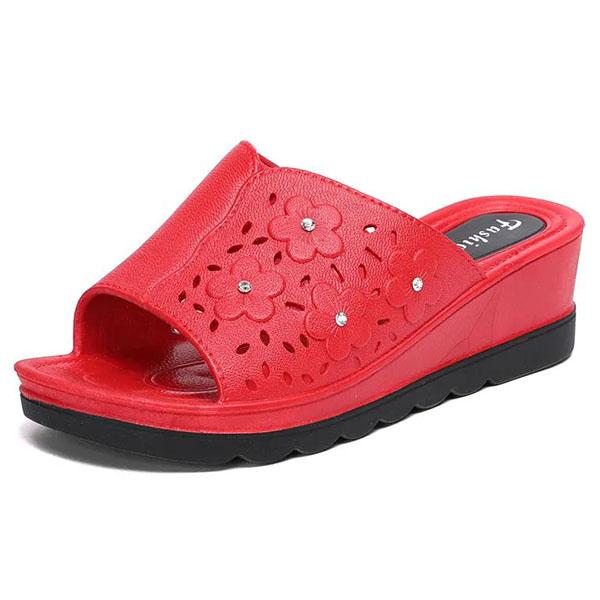 Women's Plus Size Versatile Thick Heel Wedge Slippers Ladies Summer Solid Color High Heels Hollow-carved Design Soft Leather Sandals