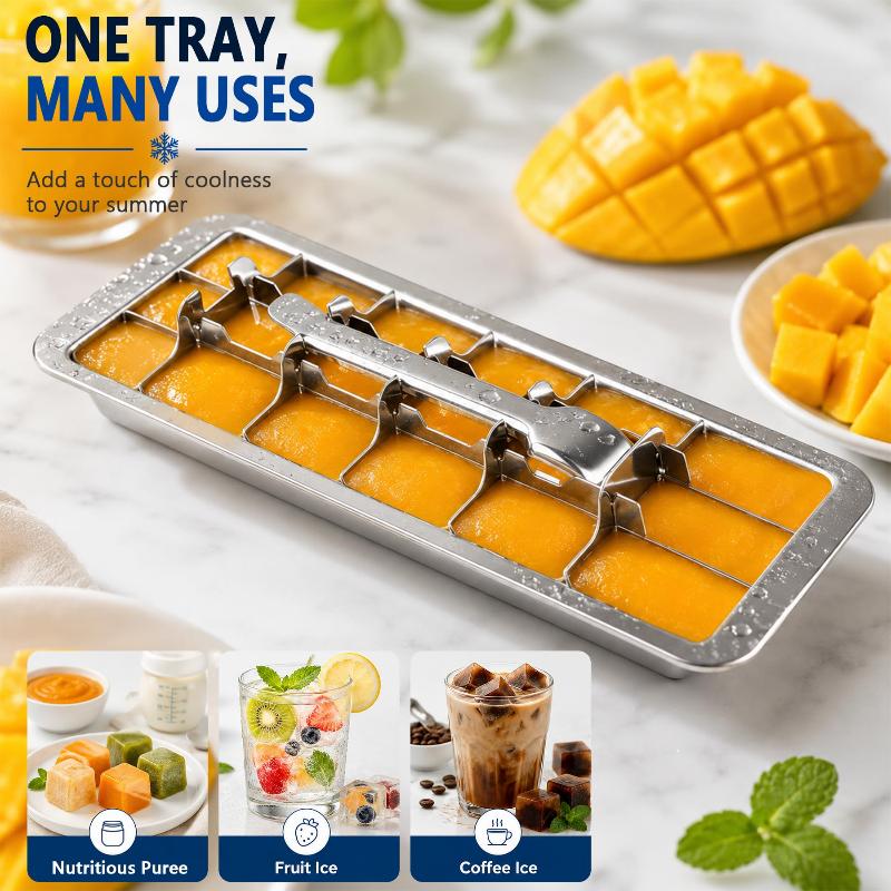 304 Stainless Steel Ice Cube Tray with Lever Handle Food Grade Metal Ice Maker for Freezer 18-Slot Easy-Release Ice Cubes Mold