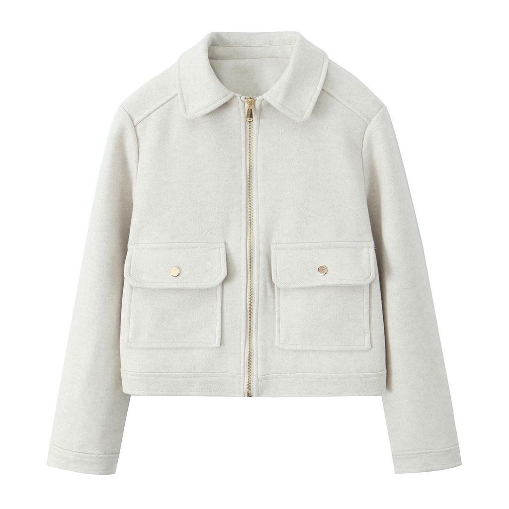 TAOP&ZA Early Spring Soft Jacket with Zipper Detail and Turn-Down Collar, Long Sleeve, Short Outerwear