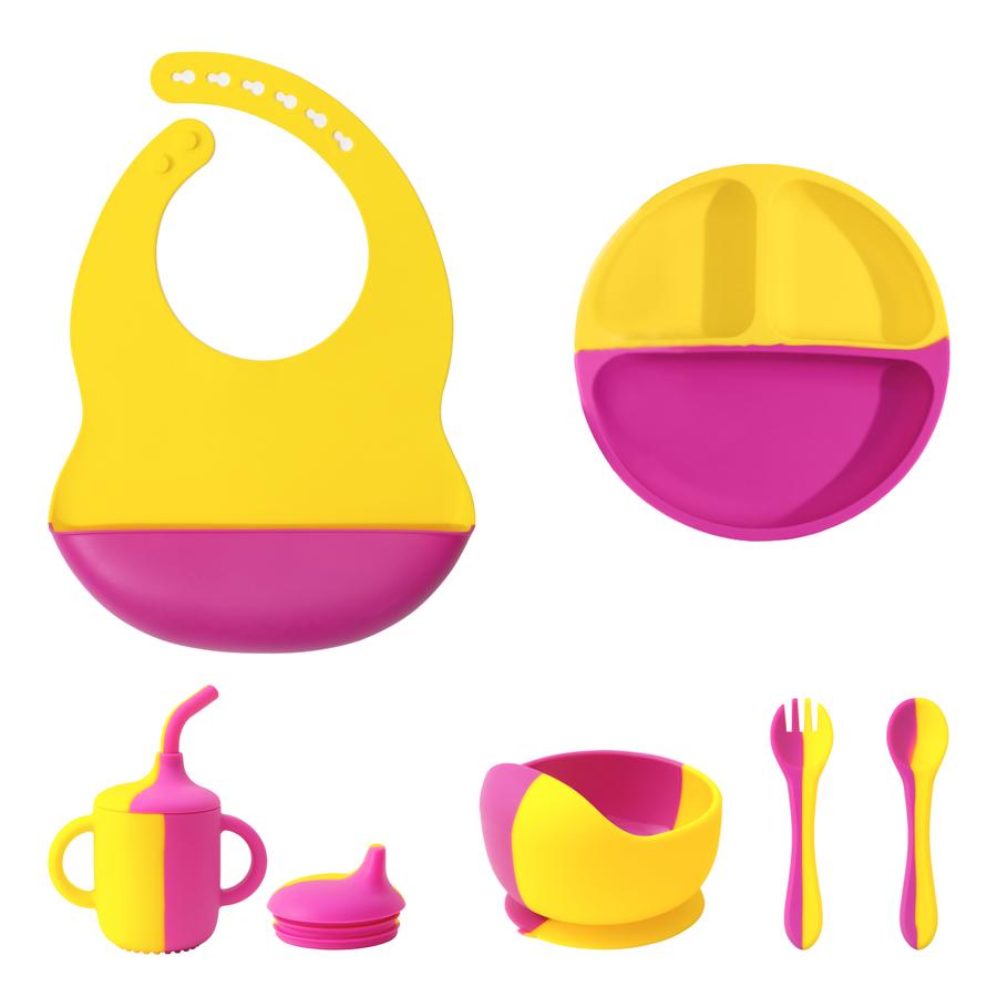 

Набор для кормления детей из 6 силиконовых предметов Color Kids, миска с присоской, тарелка, соломенная чашка, ложка, вилка, посуда для малышей, нагрудник, детская посуда