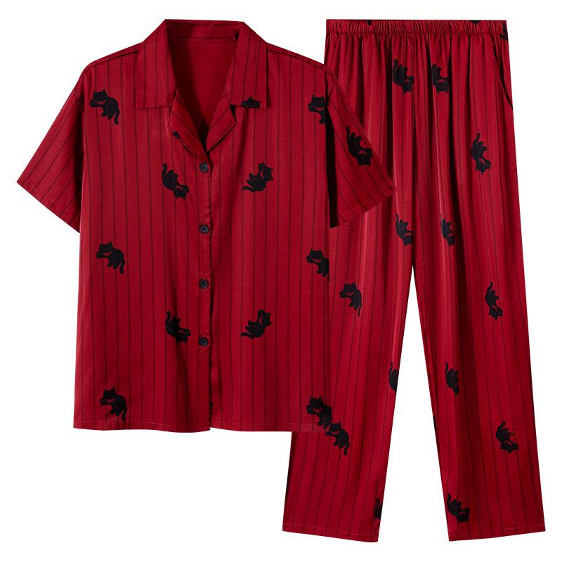 Couple Pajamas Ice Silk Summer Wedding Short Sleeves Trousers Red Loungewear Women's Wedding Engagement Men's Suit
