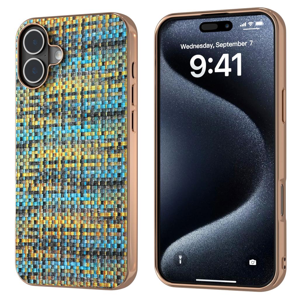 For iPhone 16 Plus Case Electroplating Edge Plaid Texture PU Leather+PC+TPU Phone Cover