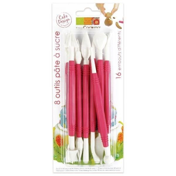 Outils pour pâte à sucre - SCRAPCOOKING - Lot de 8 - Double embouts (16 fonctions) - Blanc/Rose