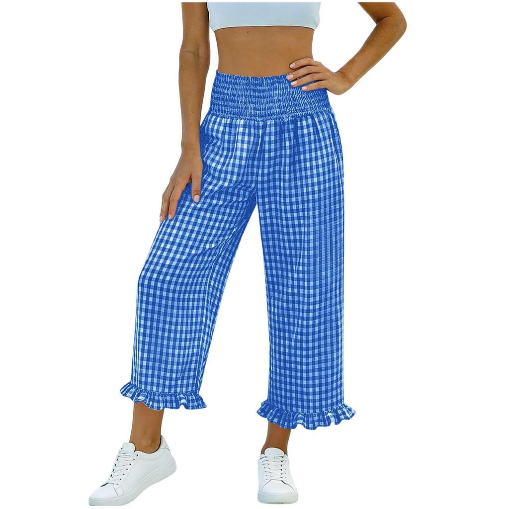 Women's Fashion Ruffle Hem Tartan Pocketed Pleated High-Waisted 9/10 Straight Leg Sporty Loose Casual Pants