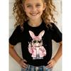 Europäische Größen Mädchen T-Shirt mit kurzen Ärmeln | Oster Sommer Mode - mit Schleife, Modebrille und Blasenblasendem Hasen Cartoon-Print - Lässiges Oberteil