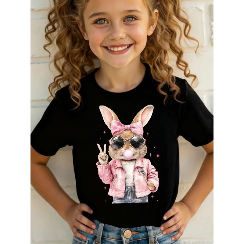 Europäische Größen Mädchen T-Shirt mit kurzen Ärmeln | Oster Sommer Mode - mit Schleife, Modebrille und Blasenblasendem Hasen Cartoon-Print - Lässiges Oberteil