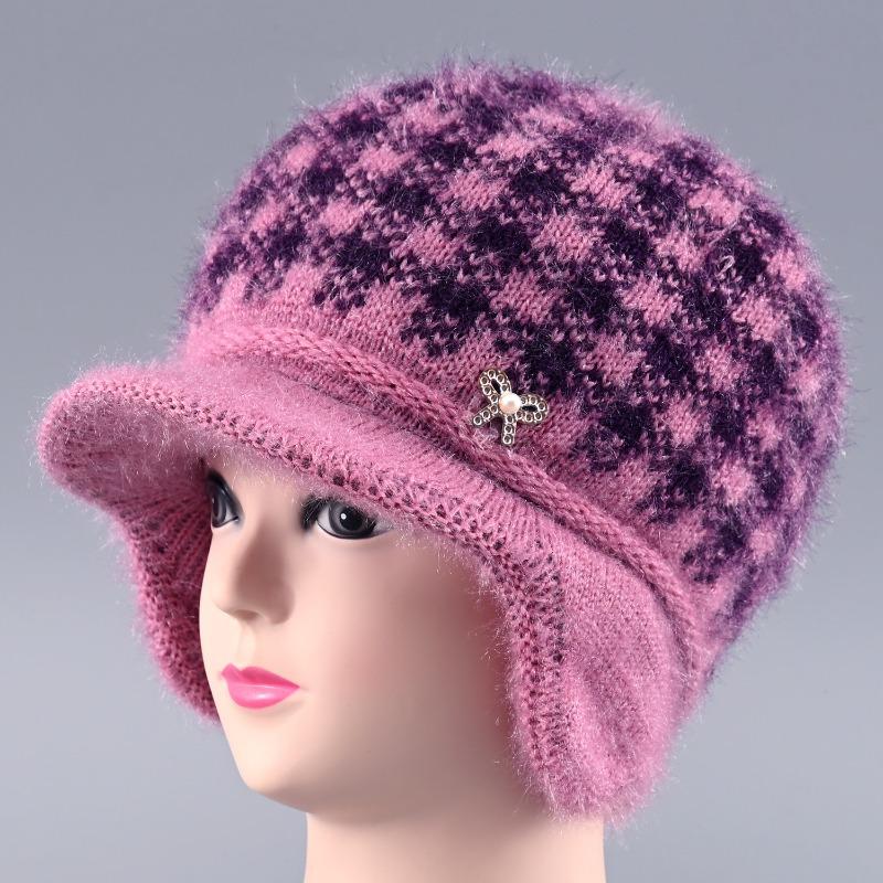 Hat Female Winter Rabbit Hair Warm Wool Hat Old Lady Cold Protection Ear Protection Knitted Hat