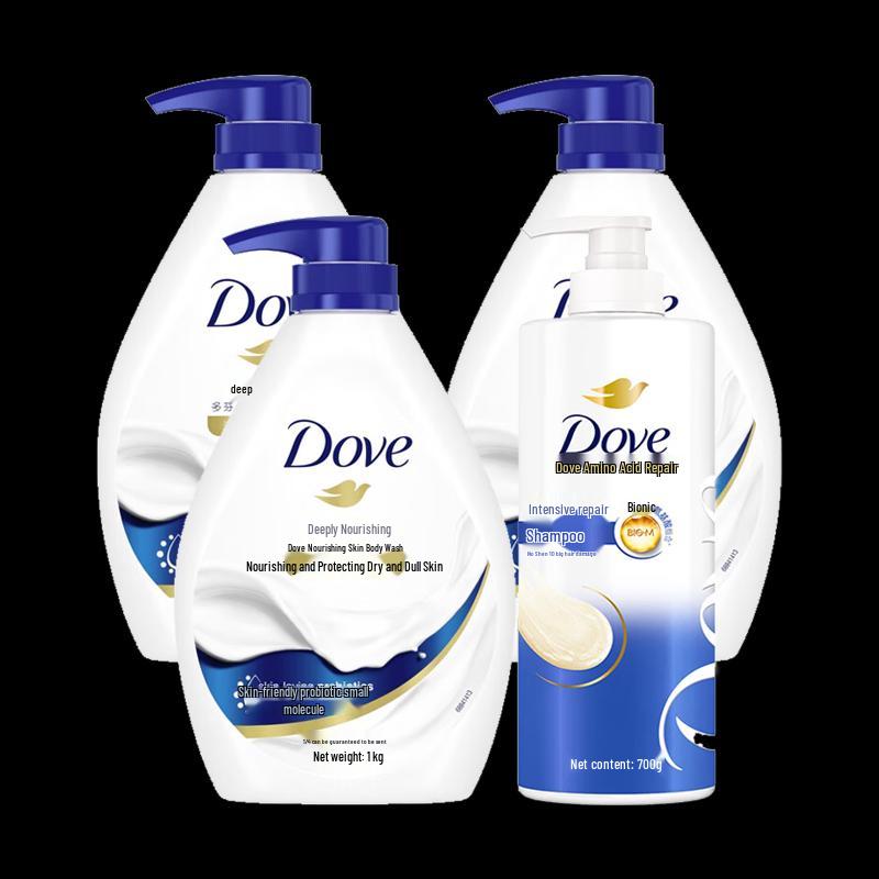 Гель для душа Dove Глубокое питание (3x1кг) + Шампунь с аминокислотами для восстановления (700г) Bundle
