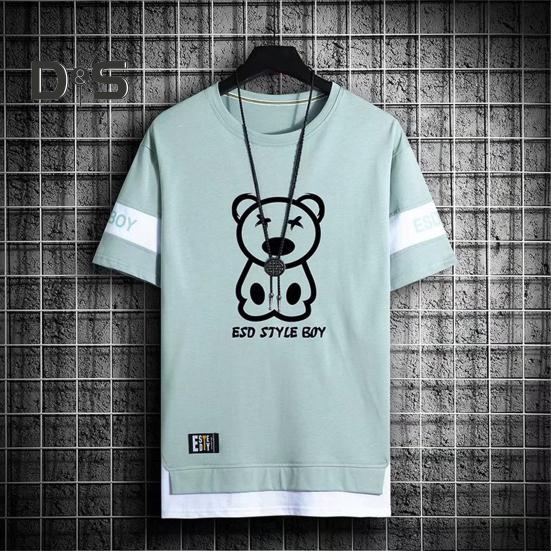 2Pcs/Set Men Casual Sportwear O-Neck Short Sleeve Bear Pattern T-shirt Elastic Waist Sweatpants Set Loose Fit Sports Wear