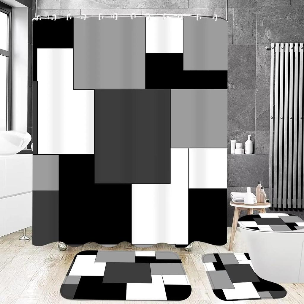 4Pcs Waterproof Shower Curtain Set Bathroom Curtain with Entrance Doormat Toilet Seat Cover Rug Anti-Slip Floor Mat Bath Decor