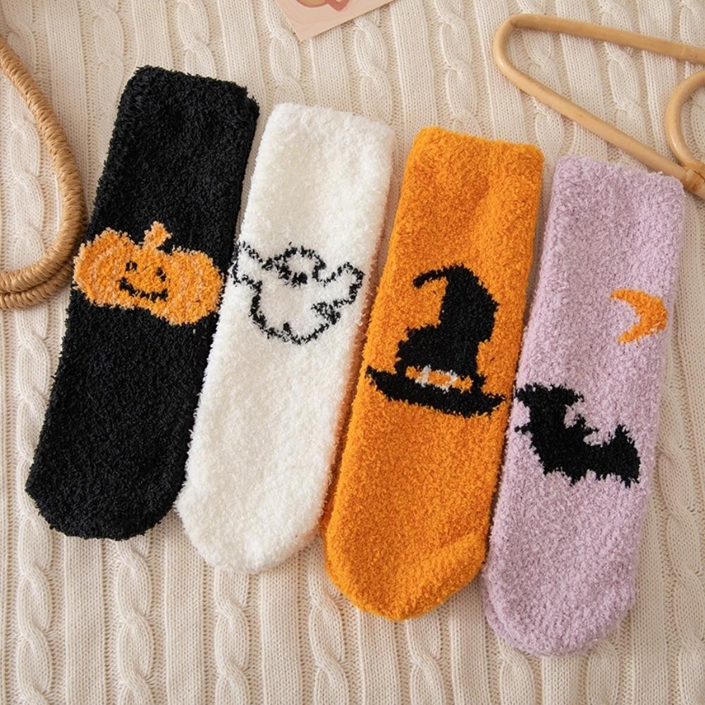 4pairs/set Soft Pumpkin Wizard Hat Tube Socks Coral Fleece Bat Ghost Mid-Calf Socks  Party