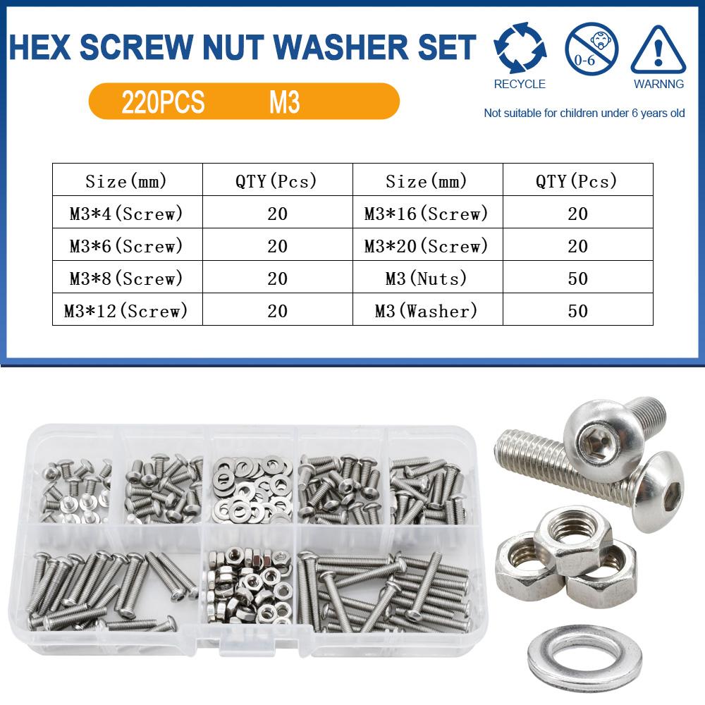 304 Stainless Steel Allen Screw Bolt Nut Washer Set Metric Threaded Hex Machine Screws Nuts Gaskets Kits With Box M2 M3 M4 M5 M6