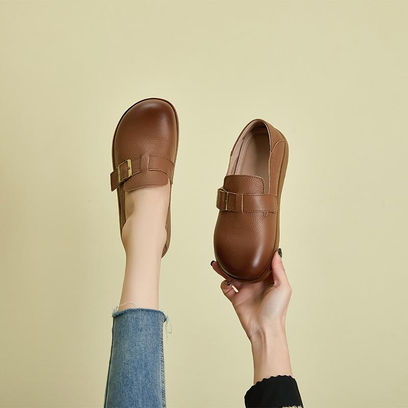 The First Layer of Cowhide Spring Casual Women's Retro Polishing Color One-pedal Small Leather Shoes Genuine Leather Women