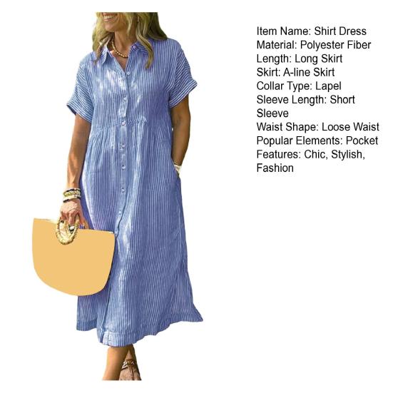 Striped Lapel Button Down Shirt Dress with Pockets Summer Casual Short Sleeve A-line Long