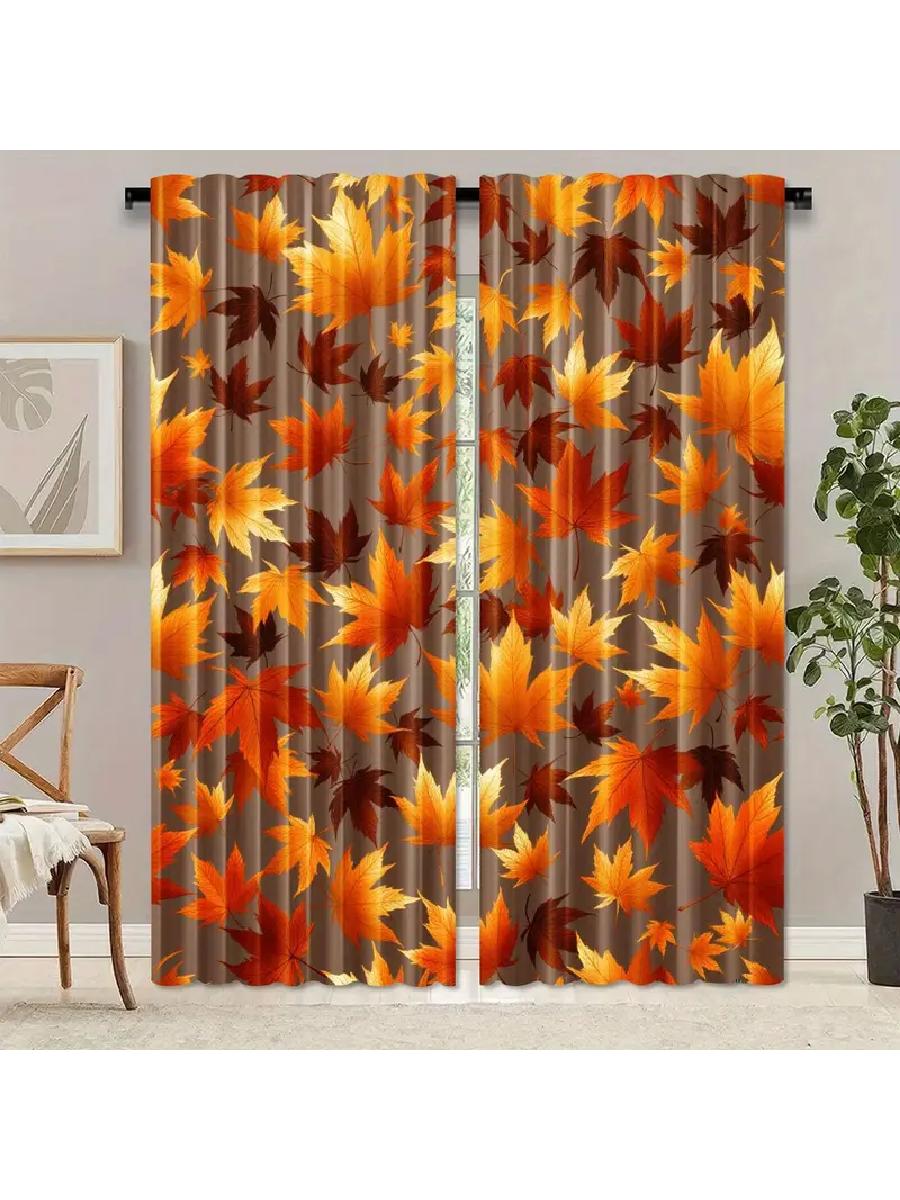 

Set Of 2 Vibrant Autumn Leaf Printed Curtains Designed Quality Material Ideal Fall Themed Home Window Dec Curtain Sheer Polyester W100*H70(CM)-Hooks&2PCS
