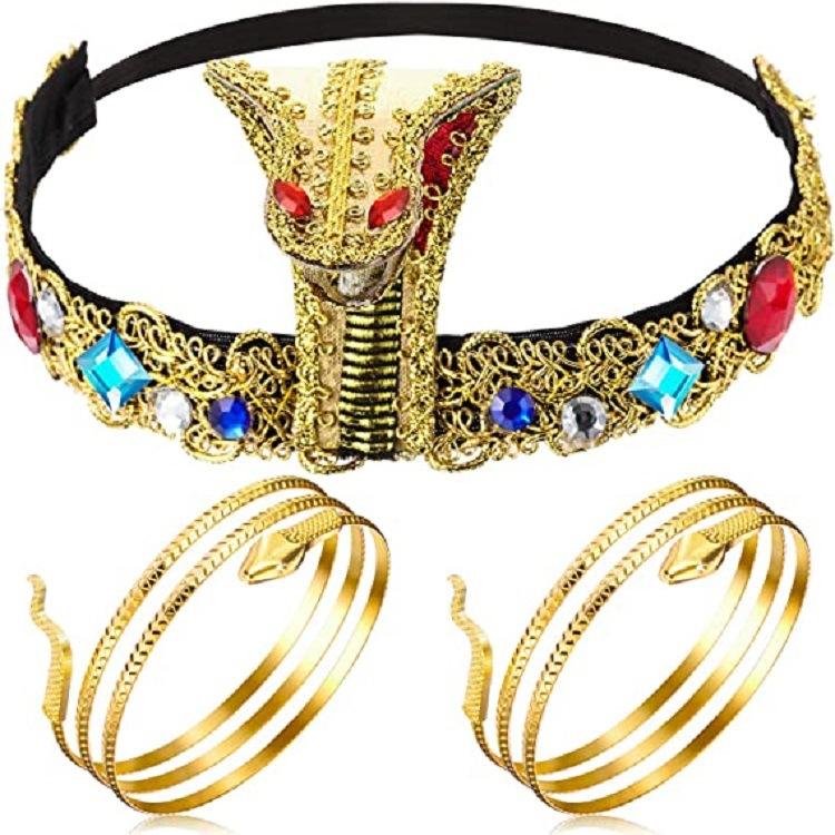 Kleopatra Perücke Damen Ägypten Königin Schwarzes Haar Goldene Perlen Cleopatra Accessoire Kopfschmuck Tanz Halloween Party Rollenspiel Cosplay Perücken
