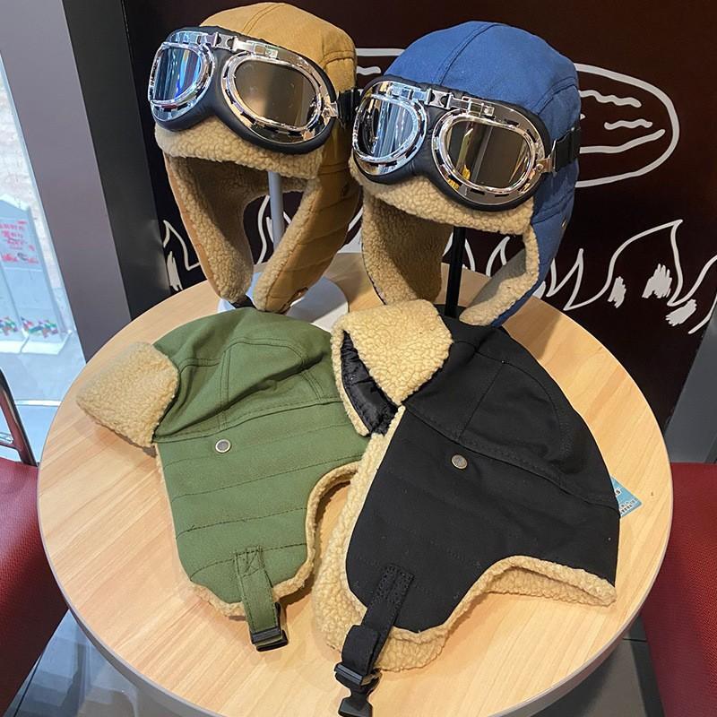 Chapeau de pilote pour hommes et femmes, chaud épais en hiver, protection des oreilles pour le cyclisme en hiver, lunettes coupe-vent et anti-froid, chapeau en coton