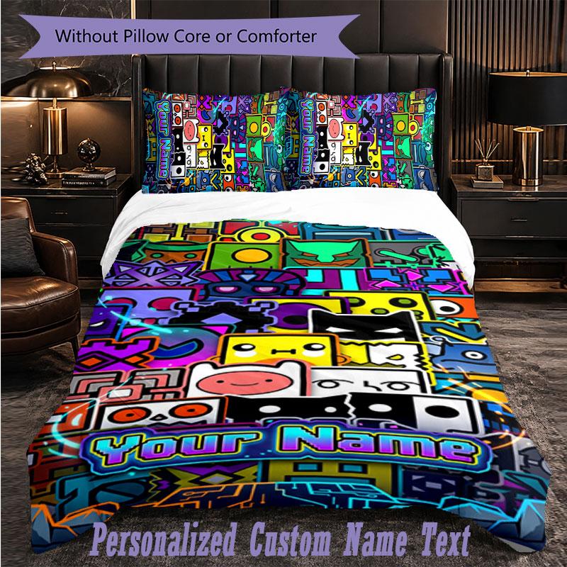 Personalized 3Pcs Bedding SetGeometry Dash Custom Text Duvet Cover Pillowcase Set Bedroom Gift