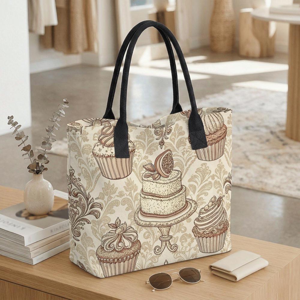 Vintage Dessert Print Canvas Tote Bag Casual Large Capacity Portable Daily Shoulder Handbag