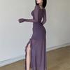 Sylcue Winter Party Queen Purple Mature Sexy Beautiful Confident Elegant Graceful Women'S Translucent Thin Straight Dress