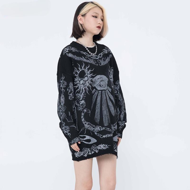 KOSY Harajuku Skulls Printed Women‘s Oversized Knitted Sweater Korean Casual Gothic Sweaters Streetwear Hiphop Loose Pullovers Y2k Club Style