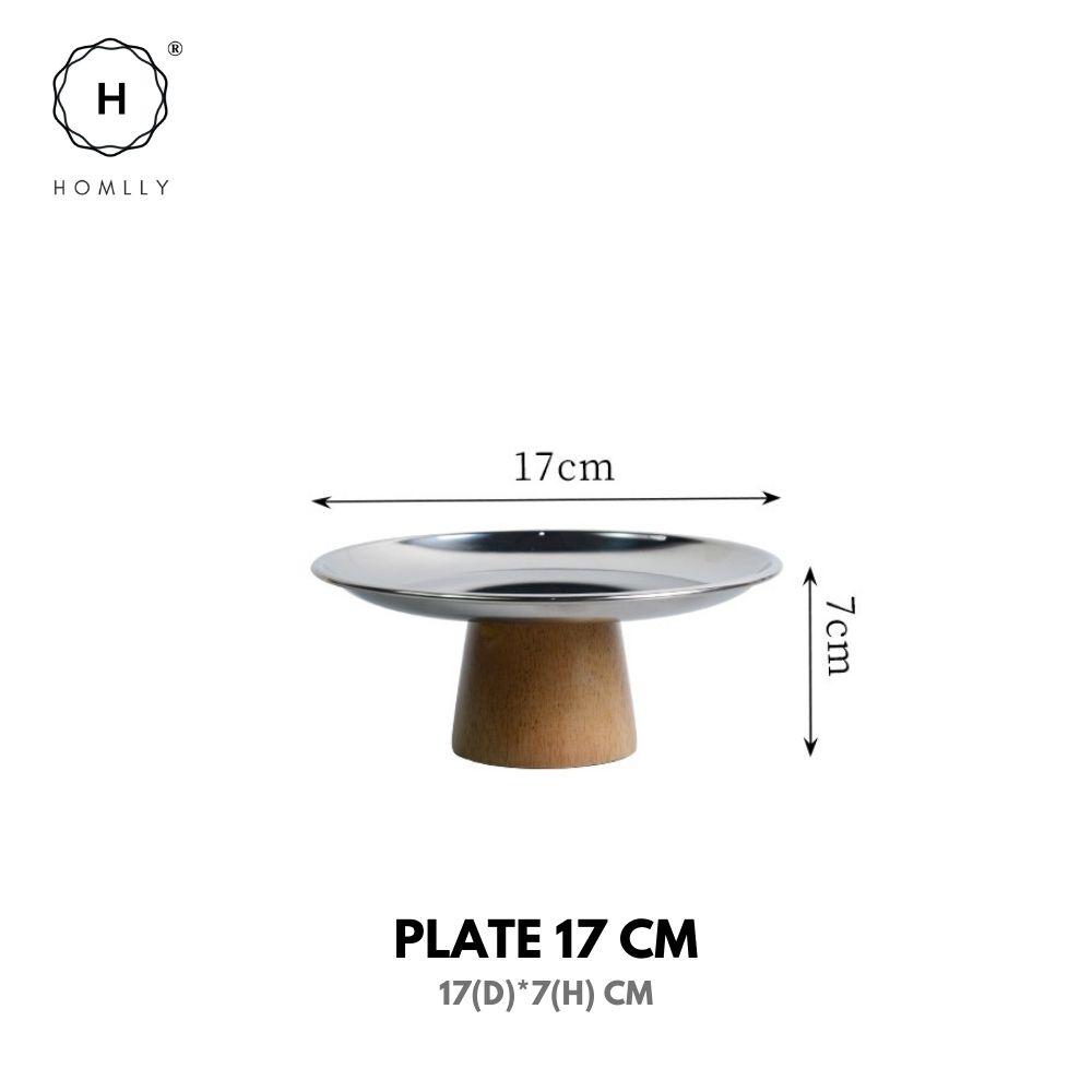 Homlly Round Organiser Centrepiece Display Cake Stand Tray With Wooden Stand Silver Plate 17cm