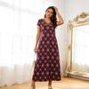 European and American Retro Ethnic Style Printing V-neck Short-sleeved Long Dress, Summer Casual Straight Dress