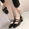 Fashion 2025 Spring Autumn Women Double Buckle Pumps Shoes Pu Leather Square Head Chunky High Heel Solid Color Women's Loafers Shoes