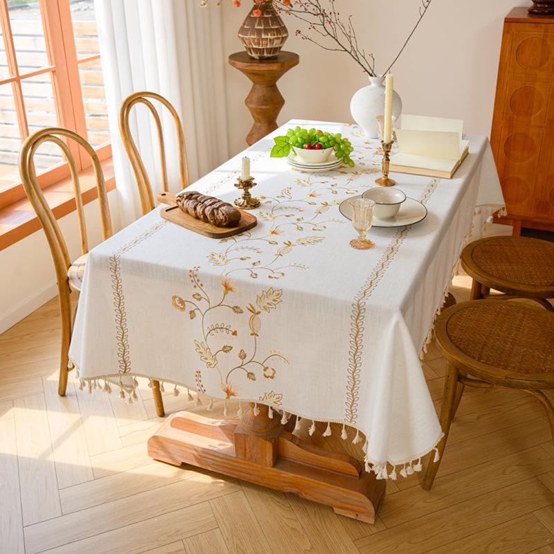 Ying Cross-Border Cotton Linen Embroidered Tablecloth, French Retro American Style, Rectangular.