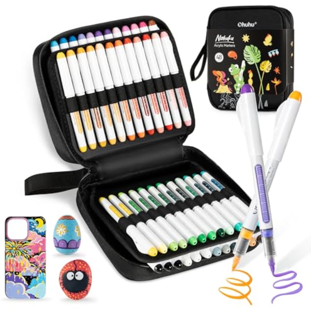 Ohuhu Acrylic Markers, Brush Type, 44 Colors, Set of 48, Direct Liquid Acrylic Pens, Opaque Water...