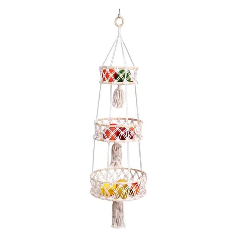 

Woven Basket 3 Tier Boho Kitchen Fruit Basket Space Saving Produce Food Storage Cotton Woven Organizer for Food Storage