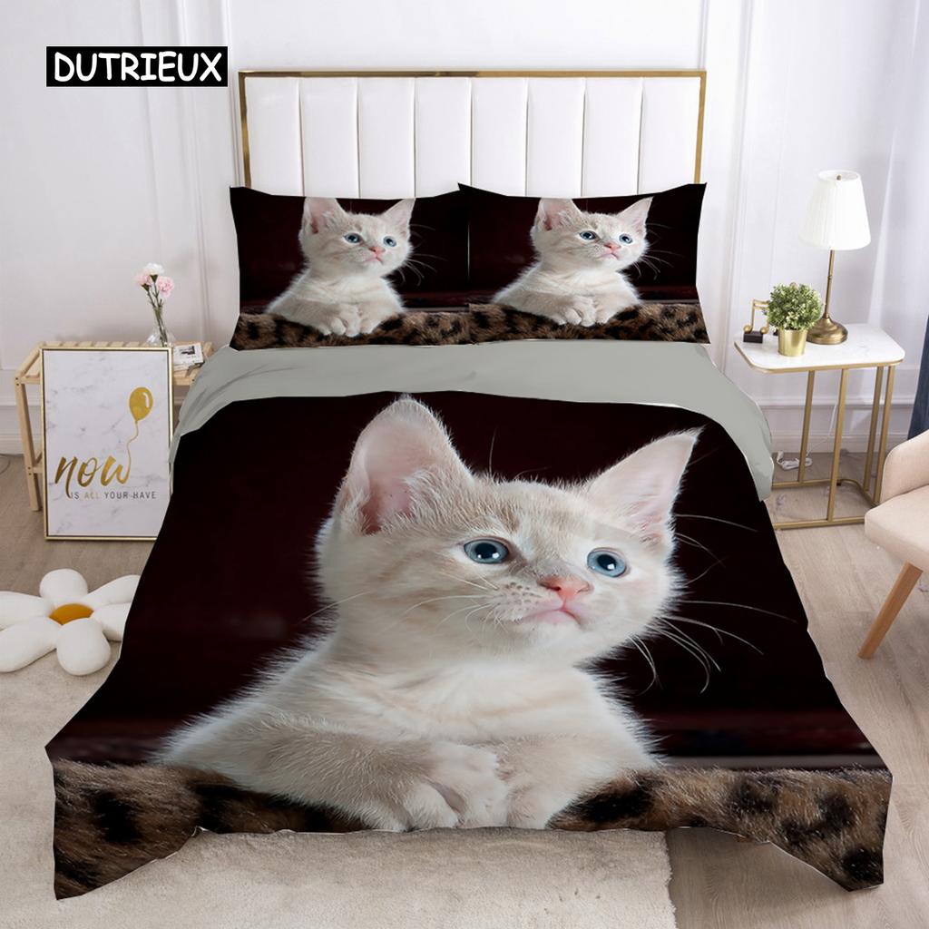 Cat Duvet Cover Set Lovely Animal Kitten Printed Quilt Cover Kids Teens Girl Animal Double Queen King Size Polyester Bedding Set