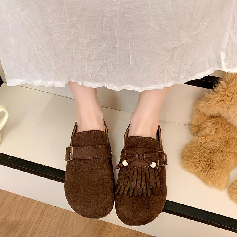 Birken Single Shoes Women's 2025 Early Autumn New Versatile Soft Sole Birken Round Head Fringed One Pedal Lazy Doudou Single Shoes