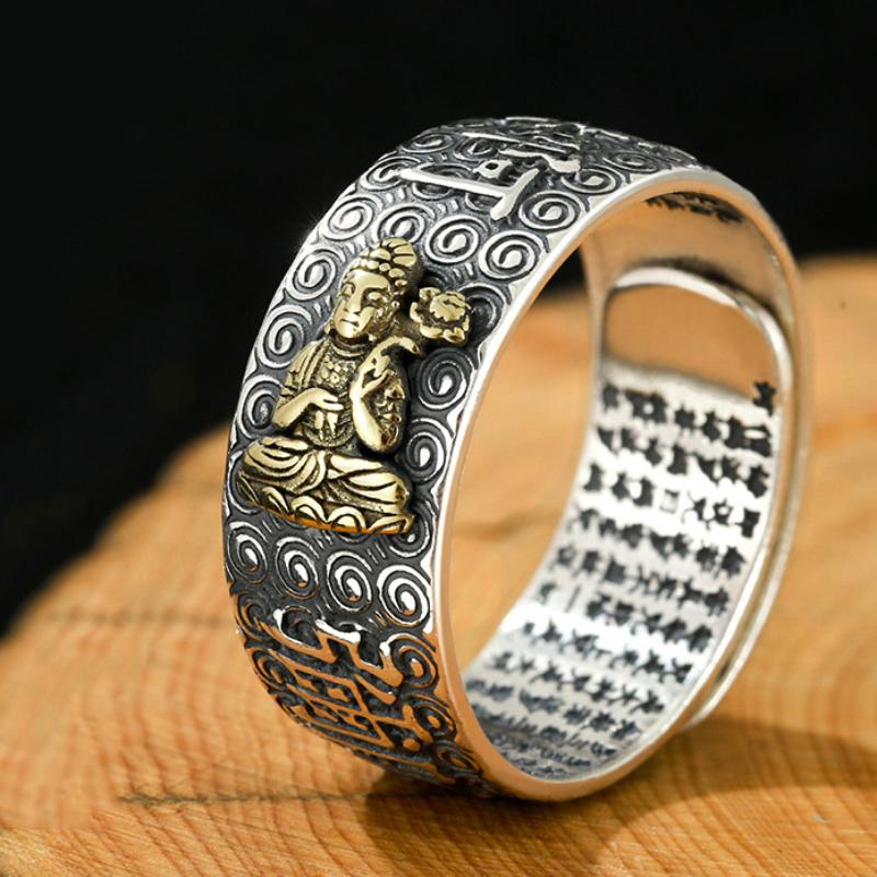 

Кольцо Namo Amitabha из стерлингового серебра с тиснением в стиле ретро сутра-сердца Будды в этническом стиле, различные серии, мужские кольца, ювелирные изделия resizable