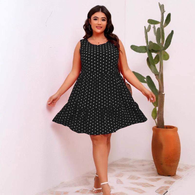 

Жіноча сукня-майка великого розміру з круглим вирізом, без рукавів, у горошок, вільного крою з рюшами 4XL чорний