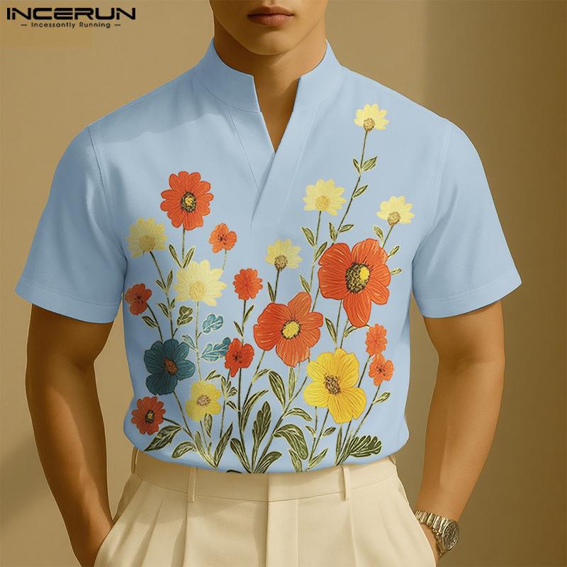 INCERUN Oversized Casual Men Lapel Short Sleeve Print Buttons Shirts