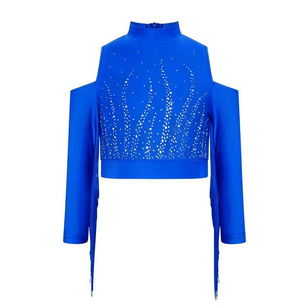 Girls Latin Dance Tops Tassels Long Sleeves Back Invisible Zipper Shiny Rhinestones Crop Top